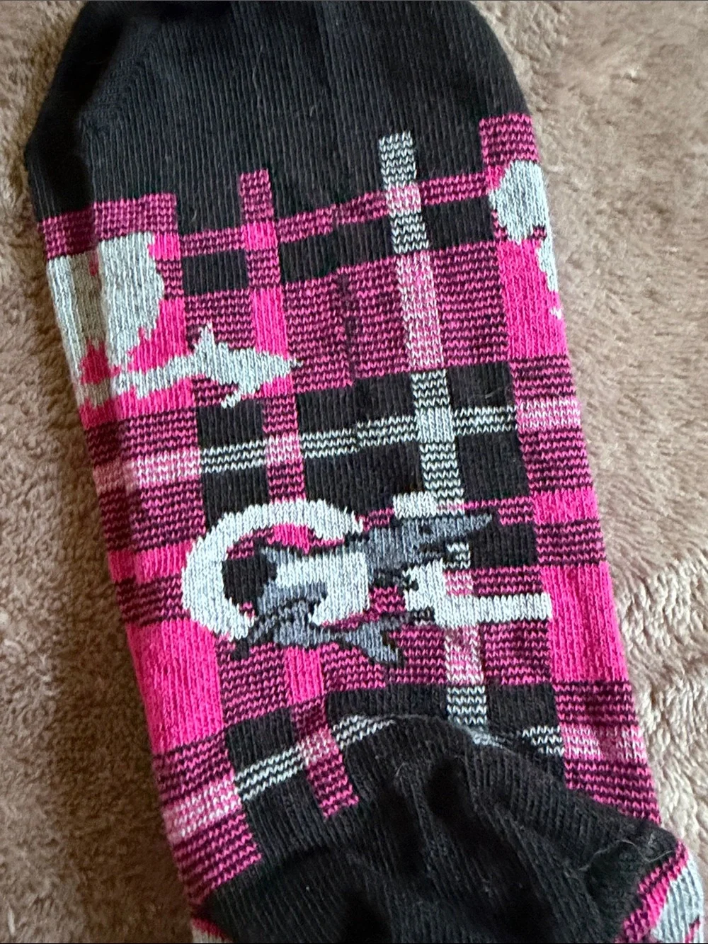 Pink Plaid Crew Socks with Shark Motif
